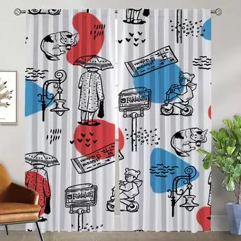 Cartoon Children Partition Anti-mosquito Curtains for Camera Home Interior Curtains for Living Room Blackout Curtain Shades W50xH70cmx2pcs-CL
