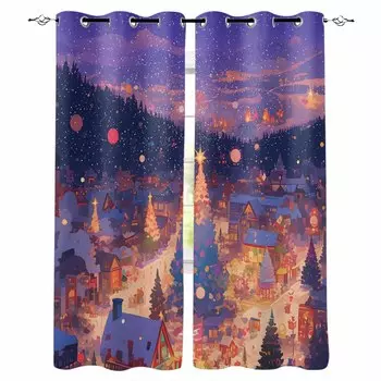 Cartoon Christmas Tree Snowflake Forest Blackout Curtains For Living Room Bedroom Window Treatment Blinds Drapes W135 x H60cm