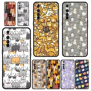 Cartoon Cute Cats Background Phone Case For Realme 9 8 7 6 GT2 Pro Plus 5G 8i 9i C3 C21 C11 C25 Soft Silicone Black Cover Shell Realme 6