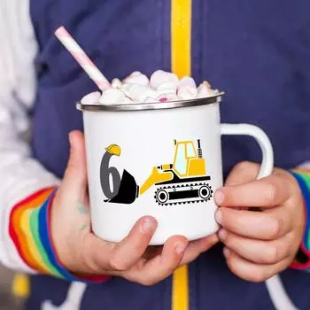 Cartoon Excavator 1-8 Year Boys Birthday Enamel Cola Mugs Kids Baby Breakfast Dessert Milk Cocoa Cups Classmate Birthday Gifts 360ML