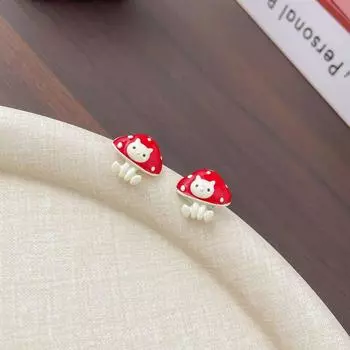 Cartoon Fun Green Apple Earings Set Female Silver Needle Stylish Sketch Cat Student Ear Bone Stud Set Girlish Style [Pair] Mushroom Cat (S925 Tremella Needle)