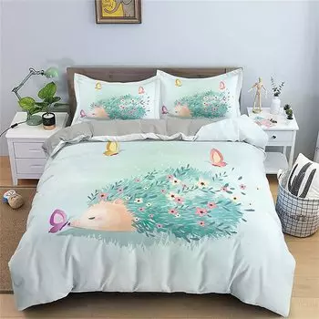 Cartoon Hedgehog Bedding Set Cute Hedgehog Duvet Cover Flower Pattern Polyester Comforter Cover Wildlife Quilt Cover With Zipper EU single(135x200cm)