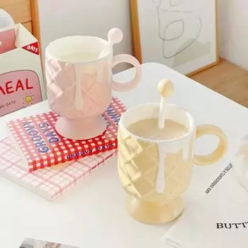 Cartoon Ice Cream Ceramic Mug With Stirring Rod Creative Cookie Design Breakfast Milk Coffee Cup Office Home Cups Mugs Gifts 301-400ml