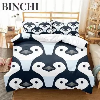 Cartoon Penguin Duvet Cover Set For Boys Girl Animated Antarctic Animal Polyester Quilt Cover White Black King Queen Size 70x133cm 2pcs