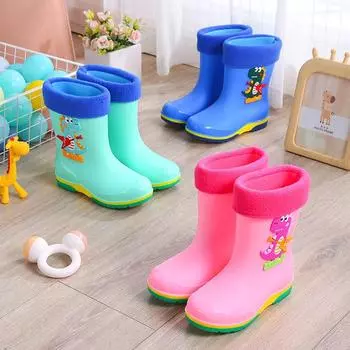 Cartoon Waterproof Kids Rain Boots Warm Cotton Lined Non-Slip Rubber Shoes for Boys Girls Comfortable Toddler Water Shoes 32-36