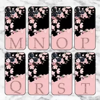 Case For Apple iPhone 14 11 13 7 12 Pro 7 XR XS Max 8 Plus 6 14Pro Black Soft Phone Coque Custom Cherry Blossom Flower Initial M iPhone 14 Pro Max