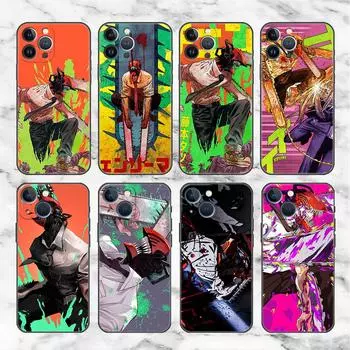 Case For Apple iPhone 14 11 13 7 12 Pro 7 XR XS Max 8 Plus 6 14Pro Black Soft Phone Funda Cute Cartoon Chainsaw Man Pattern iPhone 14 Pro Max