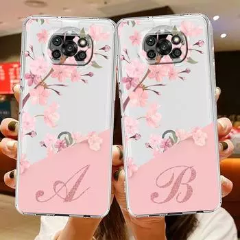 Case For Xiaomi Mi Poco X3 NFC 11 Lite M3 10T 9T 12 Redmi Note 10 9 9S 8 8T 7 Soft Clear Phone Cover Flower Letter Pink A B C Xiaomi Poco F3
