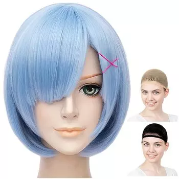 CaseEden (Дело Эдена) косплей парик Re:Zero - Начало жизни в другом мире Re:Короткие светло-голубые волосы Zero Rem и набор из 2 белых сеток для париков Merche
