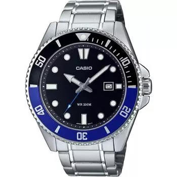 Casio CASIO Стандартные аналоговые спортивные водонепроницаемые часы MDV-107D-1A2V мужские с черным и синим безелем и металлическим ремешком, модель Overseas