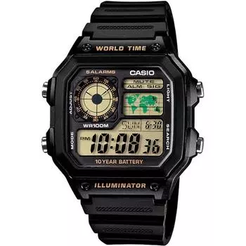 [CASIO] Цифровые часы мирового времени AE-1200WH-1BV с черным золотым дисплеем, международная модель [Параллельный импорт]