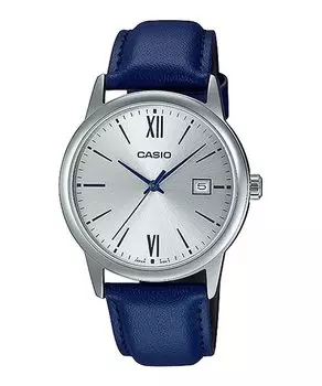 Casio MTP-V002L-2B3 Мужские стандартные аналоговые часы с синим кожаным ремешком, серебристым циферблатом, указателем даты, кварцевый механизм.