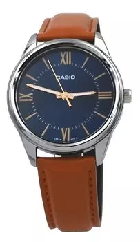 Casio MTP-V005L-2B5 Men s Standard Analog Tan Leather Band Roman Blue Dial Watch, Quartz Movement.