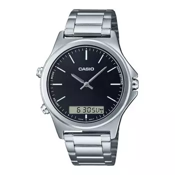 Casio MTP-VC01D-1E Men s Stainless Steel Black Dial Analog Digital Dual Time Zone Watch, Black, Minimalist
