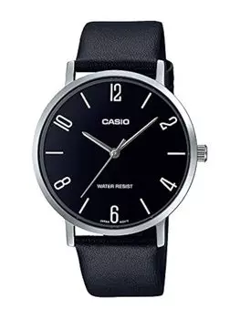 Casio MTP-VT01L-1B2 Men s Minimal Black Dial Black Leather Band Analog Watch, White, Analog watch with quartz movement.
