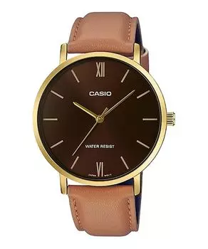 [Casio] Мужские кварцевые часы CASIO MTP-VT01GL-5B с ремешком из золотисто-коричневой кожи, модель Overseas [Параллельный импорт]