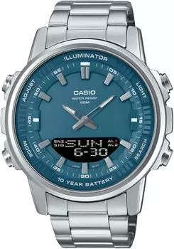 [Casio] Мужские кварцевые часы CASIO World Time Ana-Digi AMW-880D-2A1V с серо-голубым металлическим ремешком, модель Overseas [Параллельный импорт]