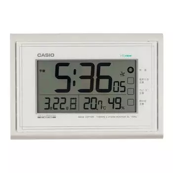 Часы настенные CASIO радиоволновые цифровые всегда на связи среда обитания температура влажность календарь дисплей белый В18 x Ш26 x Г3.5см IDL-150NJ-7JF белый