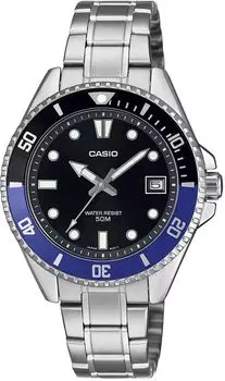CASIO Стандартные аналоговые часы для мальчиков и девочек с черным и синим безелем и металлическим ремешком, модель Overseas [Casio] MDV-10D-1A2V Женские [Товар]