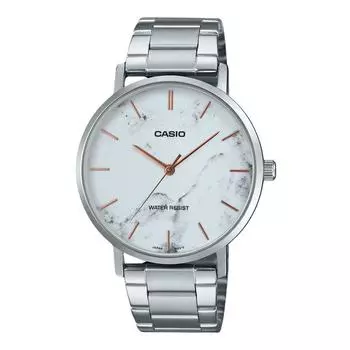 Casio Стандартные аналоговые часы из нержавеющей стали с мраморным узором и белым циферблатом, кварцевые часы MTP-VT01DM-7A для мужчин белый