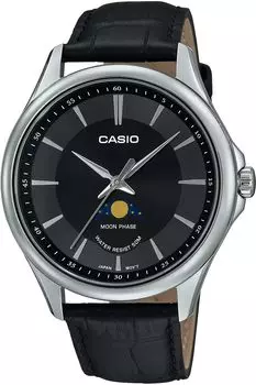CASIO Стандартные аналоговые часы с фазами Луны, круглый циферблат, кожаный ремешок, черный, модель Overseas [Casio] Мужские MTP-M100L-1AV [Товар]
