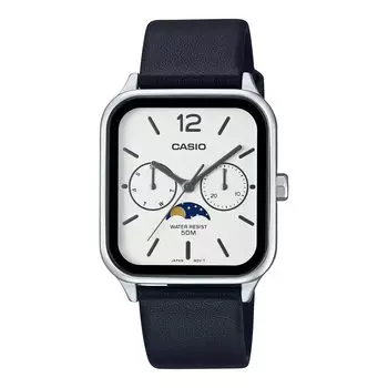 CASIO Стандартные аналоговые часы с фазами Луны, черный кожаный ремешок, серебристая модель Overseas [Casio] Мужские MTP-M305L-7AV [Товар] серебряный