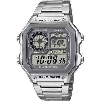 Casio World Time Digital Men s Watch AE-1200 Series Genuine BOX Overseas Model (Silver x Gray Metal Band AE-1200WHD-7AV)