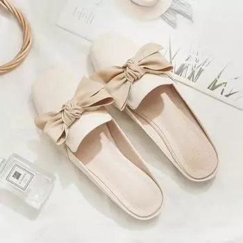 Casual Cover Toe Half Slippers for Women s Flat Shoes Bowknot Square Heel Slingback Slip-On Outdoors Slipper Chanclas Mujer 35