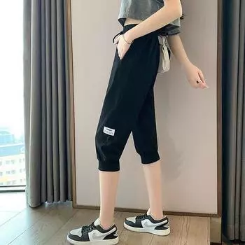 Casual High School Students Sports Thin Section Running Cropped Pants 661-Black XL