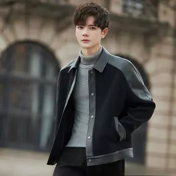 Casual Jacket Men s Pu Leather Splicing New Spring and Autumn Corduroy Locomotive Lapel High-end Jacket Top M