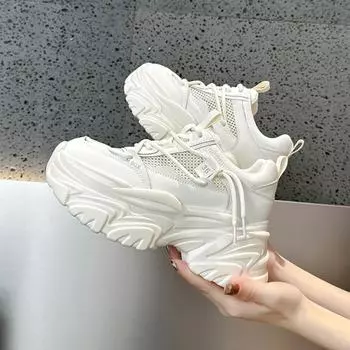 Casual Ladies Thick Sole Height Increasing Tenis Shoes Lace Up Sneakers Women Fitness Versatile Thick-soled Mesh Breathable Shoe 35 белый
