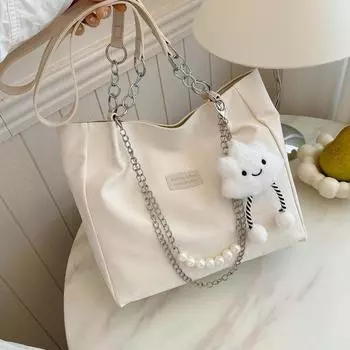 Casual Large-Capacity Chain Bag Autumn College Student Class Bag Fashion Commuter Shoulder Tote Bag бежевый
