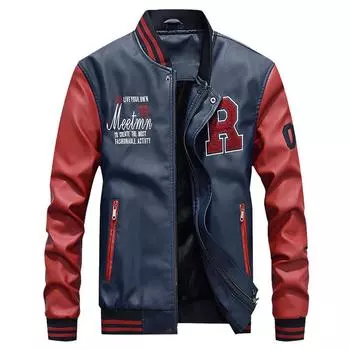 Casual Men s Leather Jacket, Autumn Contrasting Color Large Size PU Leather Jacket Men s Baseball Jacket M белый