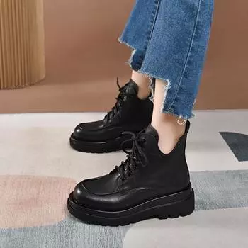 Casual platform Martin boots autumn and winter new round head lace-up short boots first layer cowhide retro women s boots leather boots 35