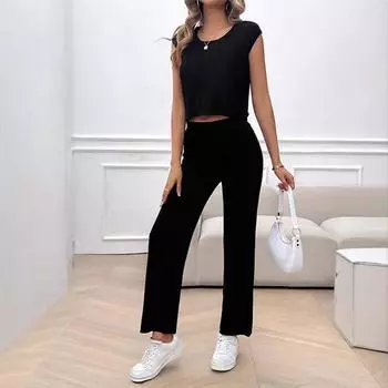 Casual Vacation Slim-fitting Short-sleeved Pants Set for Women s Spring and Summer S
