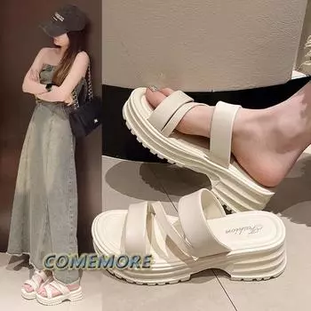 Casual Women s Slippers Summer Outdoor Thick Bottom Slippers for Female 2024 Fashion Platform Fashion Solid Color Non-slip Shoes 35 бежевый