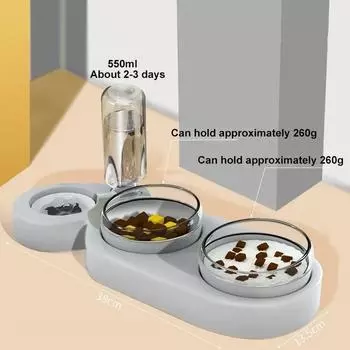 Cat Bowl Pet Feeder Anti-Tip Double Bowl Large Diameter Integrated Cat Bowl Made of PP+PC Material with Drinking Fountain белый