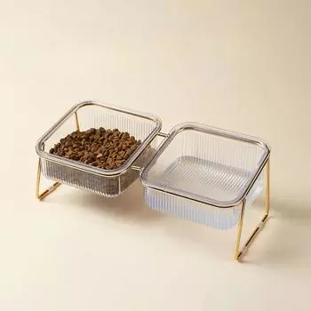 Cat Bowl Transparent High Foot Cat Bowl Oblique Mouth Protects Cervical Neck Drinking Cat Grain Bowl Dog Pet E Double Bowl Golden
