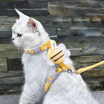 Cat Harness Leash Collar Set Adjustable Mesh Dog Harness Vest Cartoon Bee Dog Harness for Small Medium Pet Leash Outdoor Walking S жёлтый