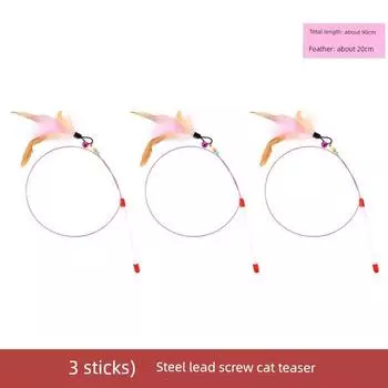 Cat Teaser Bite-Resistant with Bell Feather Cat Self-Hi Relieving Stuffy Handy Gadget Pet Toy Steel Wire Long Brush Holder Pet Supplies [Single branch about 2.8] 3 steel screw cat sticks