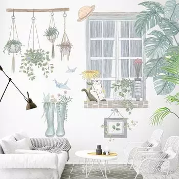 Cat Window Wall Stickers Forest Night Landscaping Wallpaper Creative Decals Bedroom Sofa Living Room Background Stickers