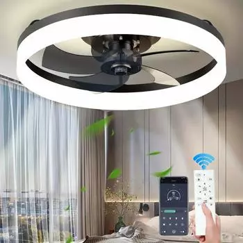 Ceiling fan with LED light, remote control six-speed fan adjustment, suitable for bedroom, kitchen and guest ceiling fan lights 85-265V чёрный