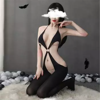 Цельные чулки для всего тела черного цвета, цельные носки, сексуальный комплект с открытой спиной и бретельками на шее one size fits all