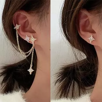 Цельные серьги-каффы со звездами серебряный