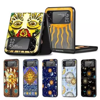 Cell Phone Case for Samsung Galaxy Z Flip3 5G Flip4 Black Coque Z Flip 3 Hard PC Luxury Cover Zflip3 Funda Fashion Art Sun Face Samsung Z Flip3 5G