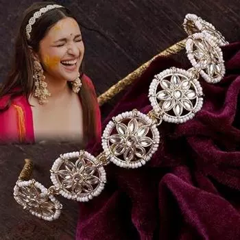 Цепочка для волос Kundan Studded Matha Patti Sheesh Patti, традиционная повязка на голову, повязка на голову, ювелирная цепочка для волос для женщин и девочек (Золотисто-белый)