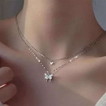 Цепочка на шею с холодным ветром, цепочка на ключицу, изысканного размера, двухслойное ожерелье с бриллиантами и бабочкой, женское золотой