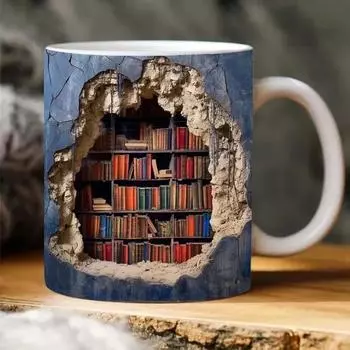 Ceramic 3D Library Bookshelf Mug Creative Space Design Multi-Purpose Mug Coffee Cup Study Milk Cup Friends Birthday Gift 9.8x8CM