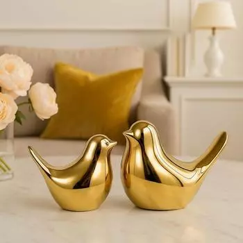 Ceramic Golden Blessing Birds Figurine for Home Decor | Ceramic Figurines - (Set of 2 Piece, Golden)