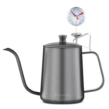 Чайник Easyworkz Drip Kettle 600 мл с термометром из нержавеющей стали с изогнутой шеей для кофе [черный]